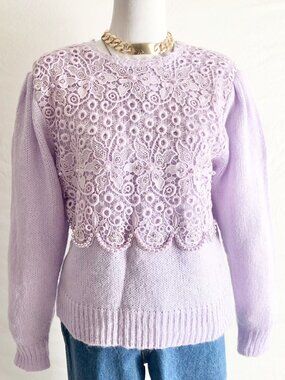 Vintage 80s Dana Ashley Lavender Crochet Knit Sweater Size M
